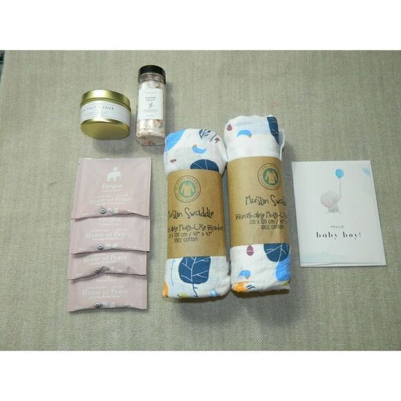 Global Organic Muslin Blanket Cotton Candle Tea New Mom Gift Box - Picture 2 of 6